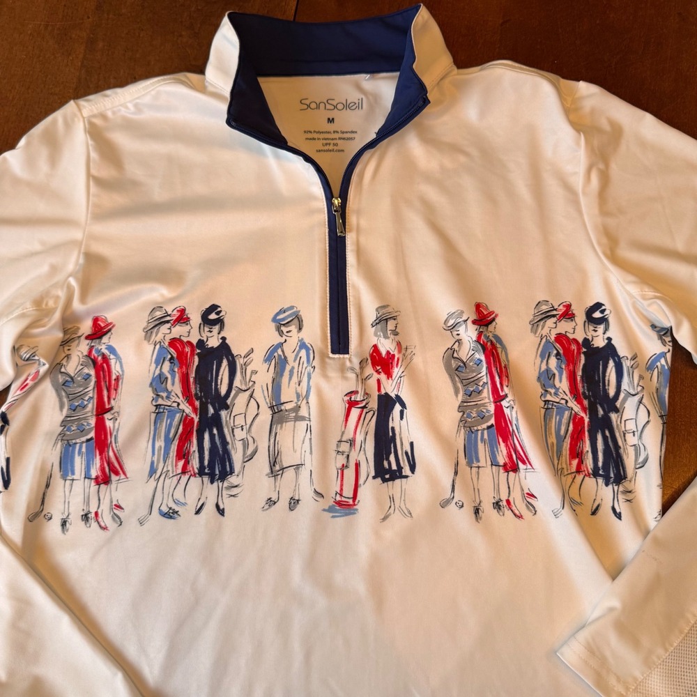 SanSoleil‎ Golf Top Womens M White  Graphic VTG Ladies Golfing Quarter Zip LS